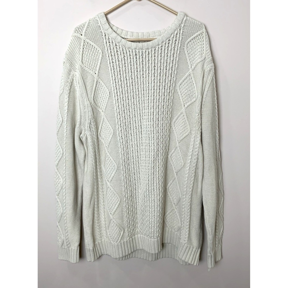G.H. Bass Cable Knit Sweater Mens 2XL Ivory 100% Cotton Pullover Fisherman Rory